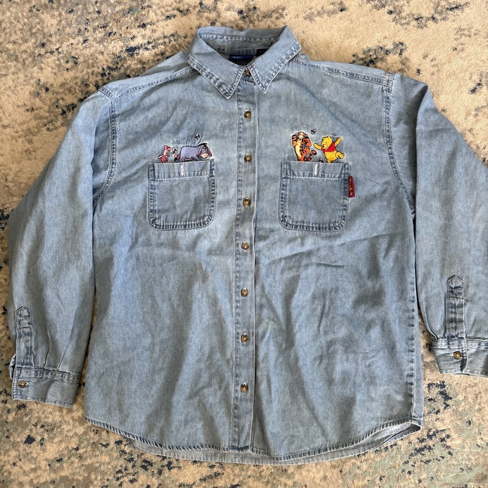 VTG Disney Winnie the Pooh & Friends Denim Long Sleeve Embroidered 2 Pocket